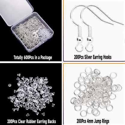 600Pcs Hypoallergenic Earring Hooks, Silver Making Kit,