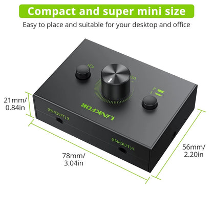 LiNKFOR 2 Ports 3.5mm Stereo Audio Selector Box with 2 3.5mm, Black