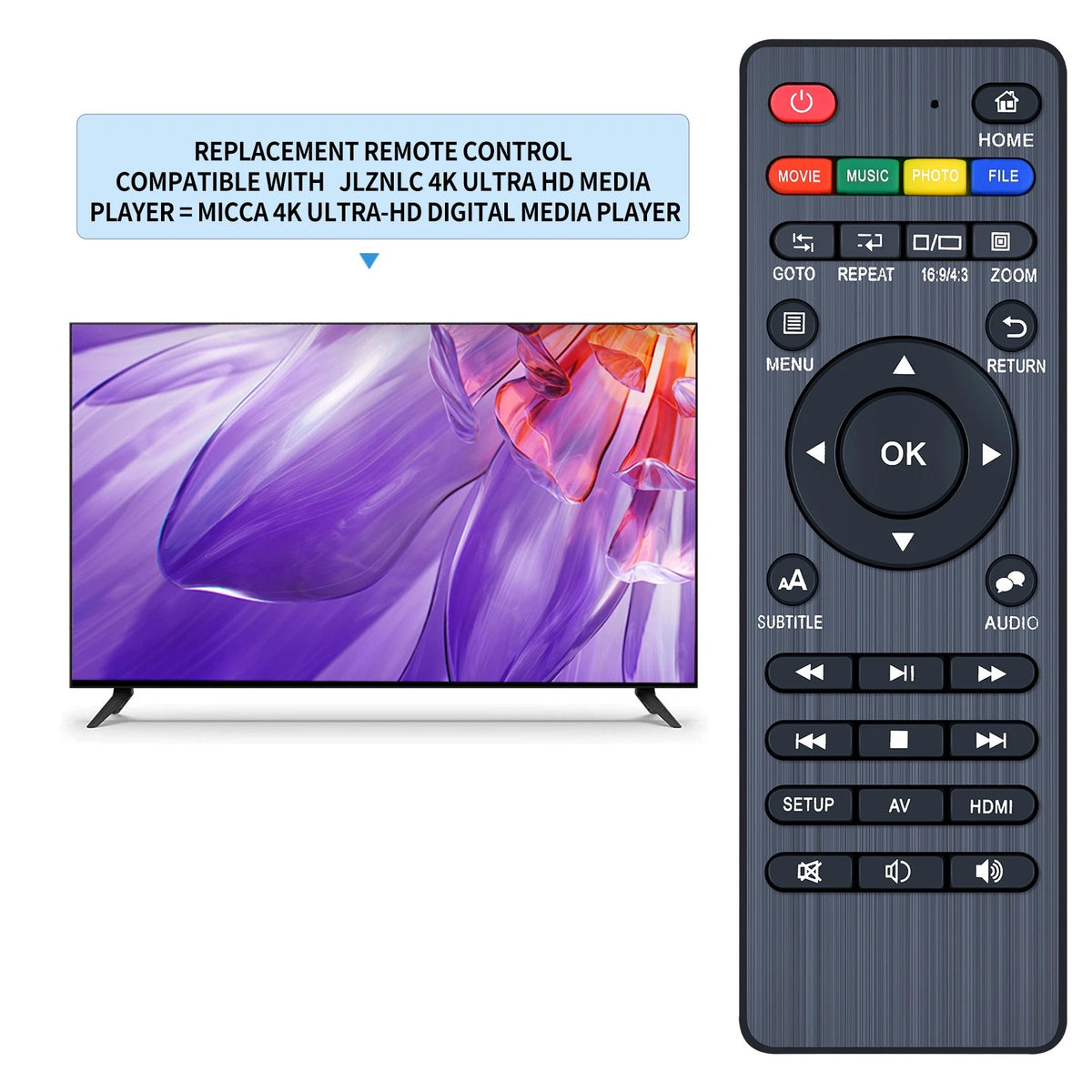 Replace Remote Control For ZUMKUNM 4K Ultra HD Digital Media Player
