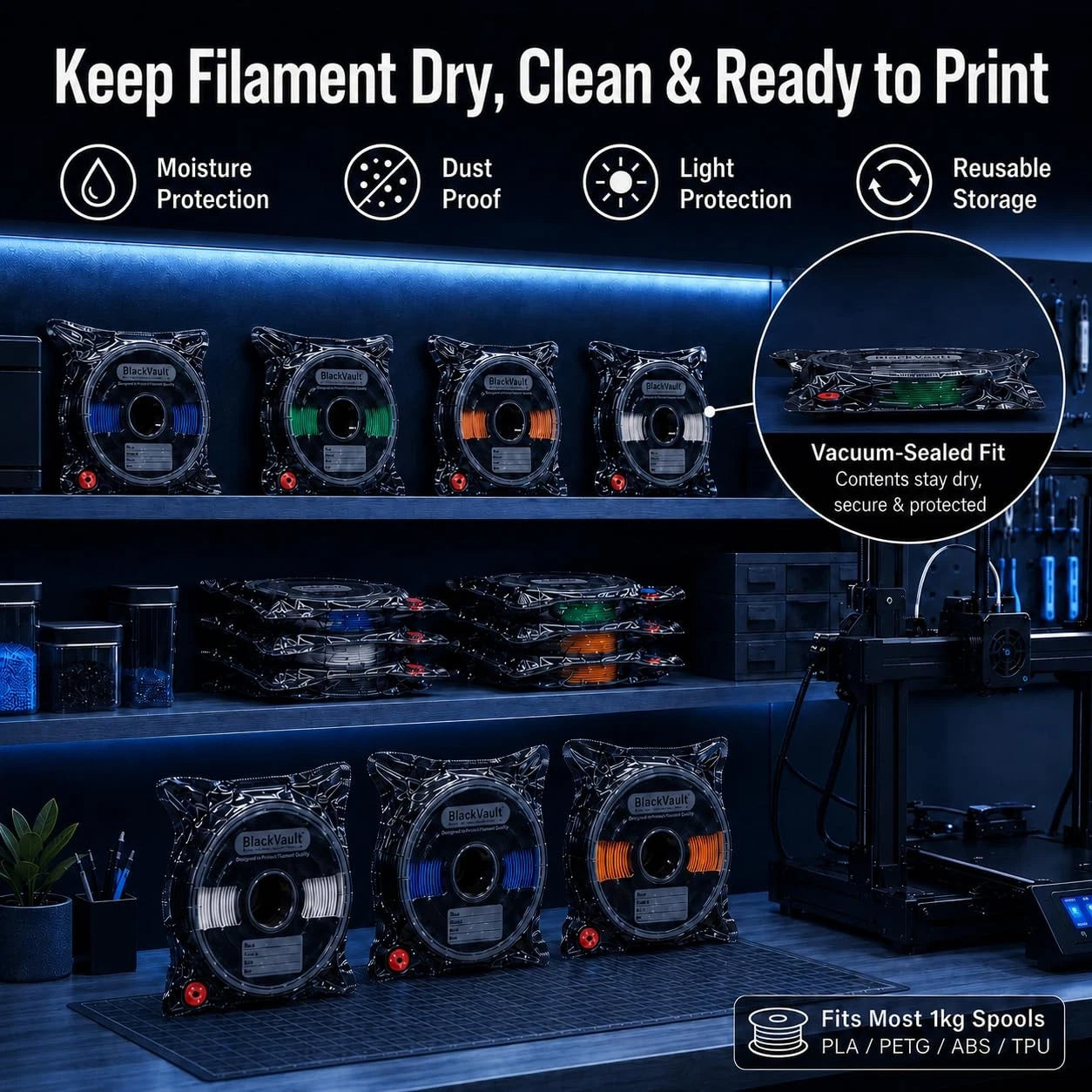 Faluricent Cordless Rechargeable 3D Printer Filament Vacuum Storage Kit Black
