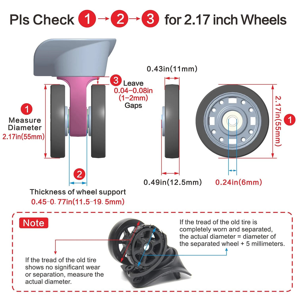 Luggage Wheels Replacement 55 * 11mm, Swivel 2.2 inches, 55mm/2.2inch -8PCS