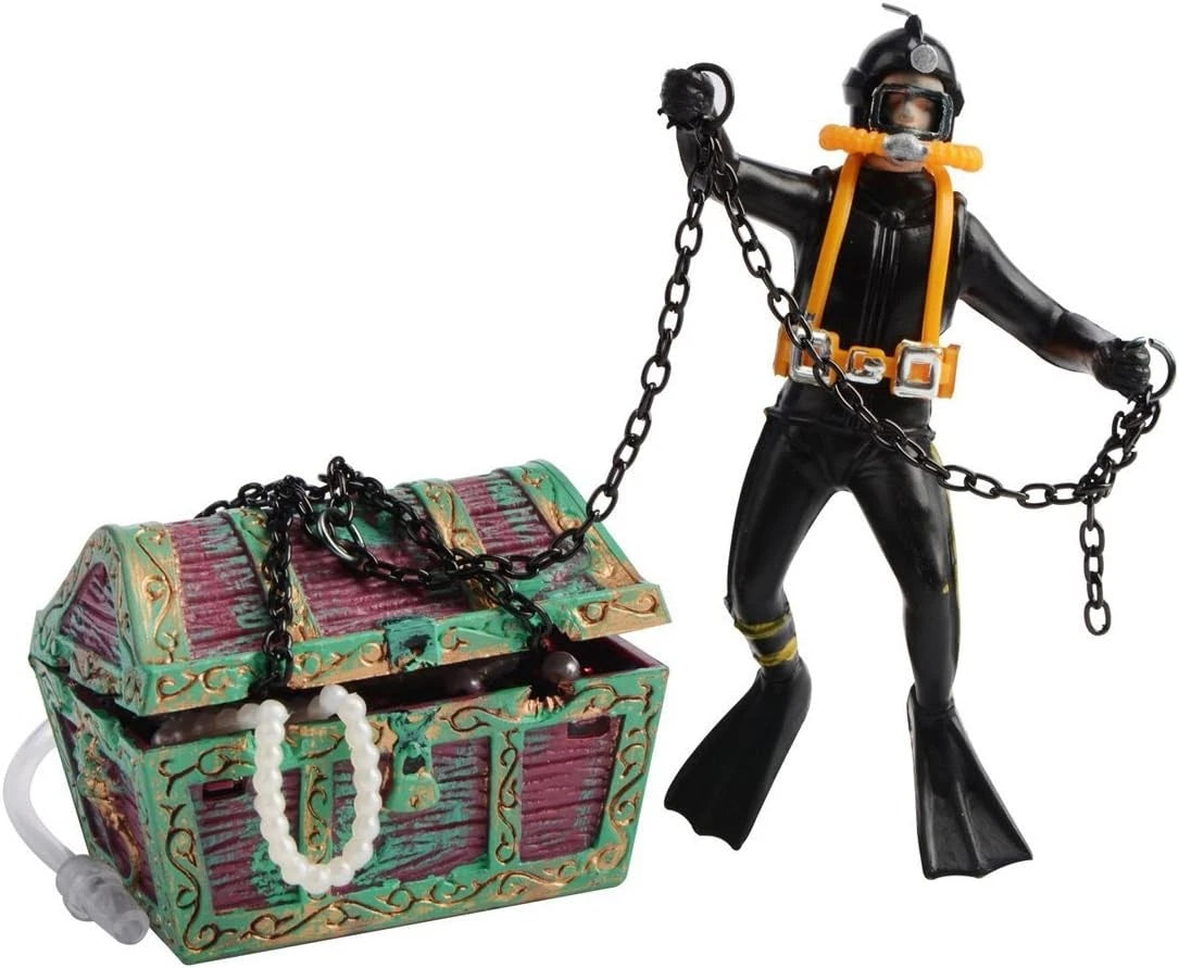 Action Aquarium Ornament, Undersea Treasure Chest Diver, Live-Action Black
