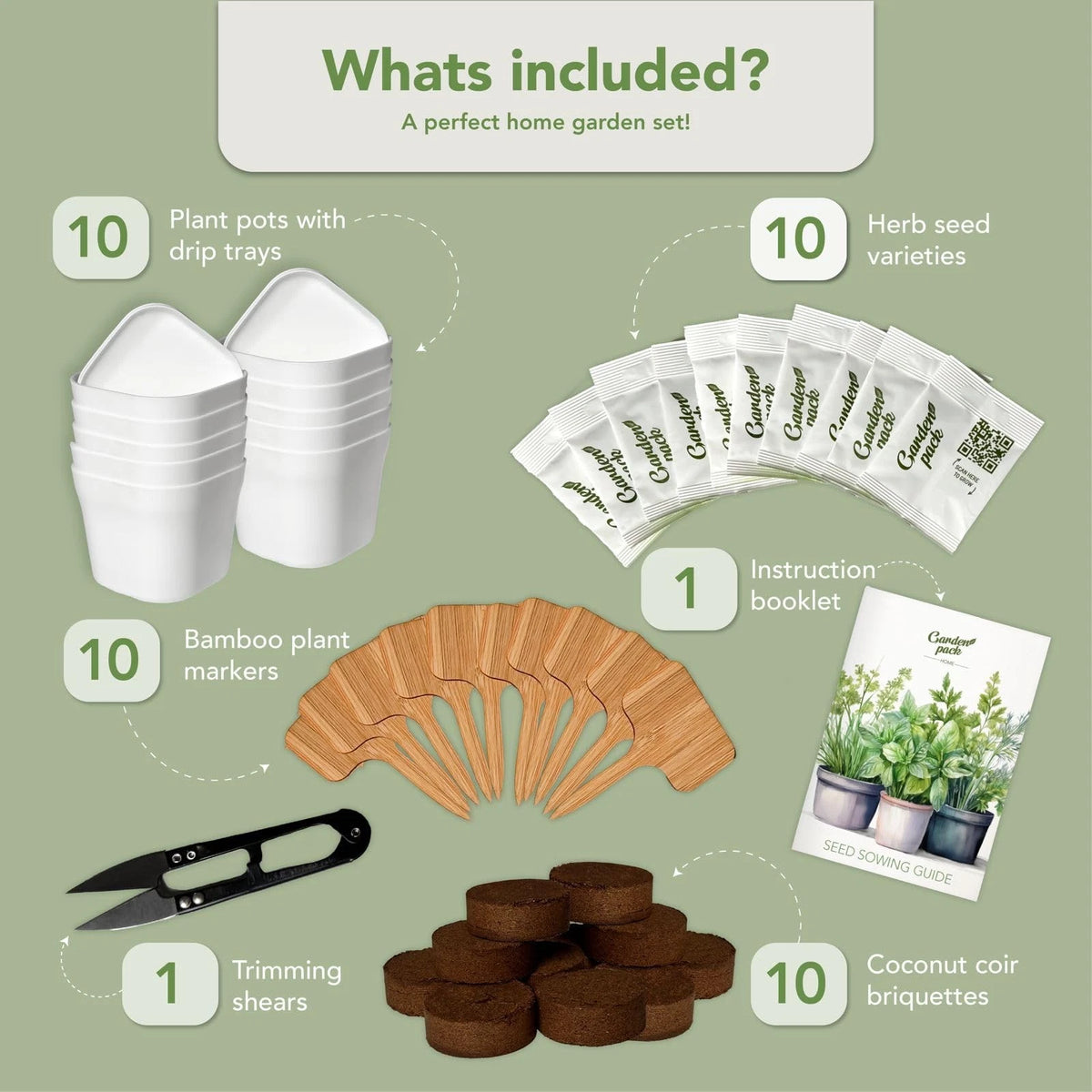 Garden Pack 10 Herb Indoor Window - Includes Pots, Trays, Green