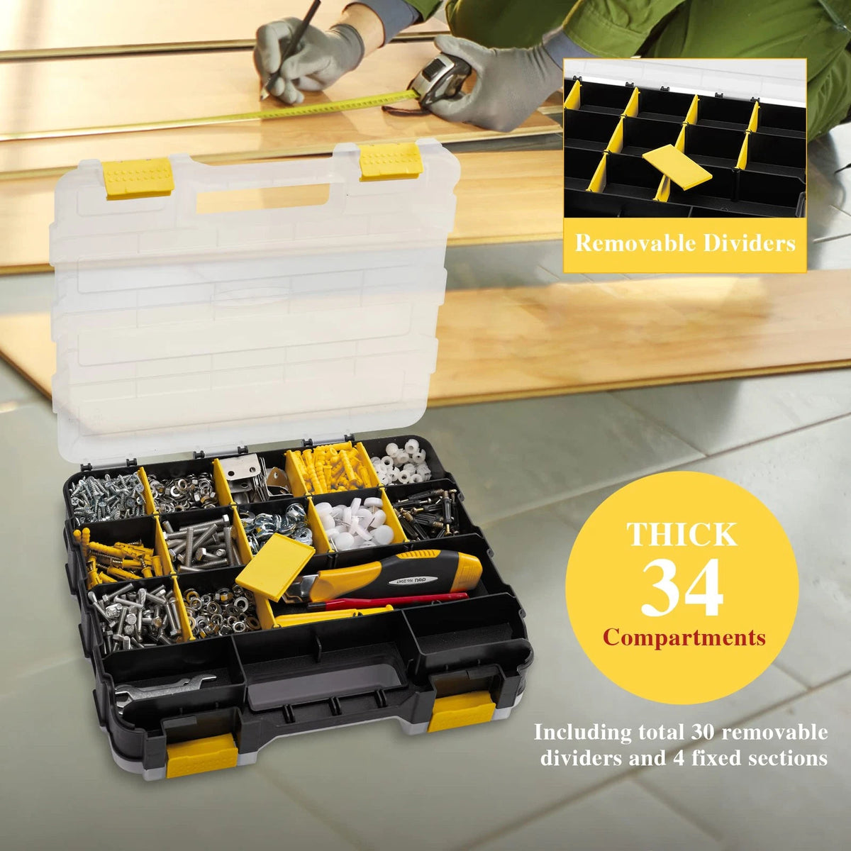Hardware Organizer Box 34 Compartments Small Parts 1 PACK, Yellow