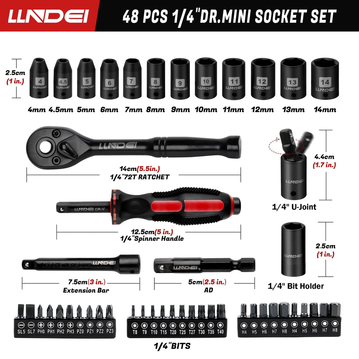 LLNDEI 48 Piece 1/4 Inch Mini Socket Ratchet Wrench Set, Metric 48pcs, Black