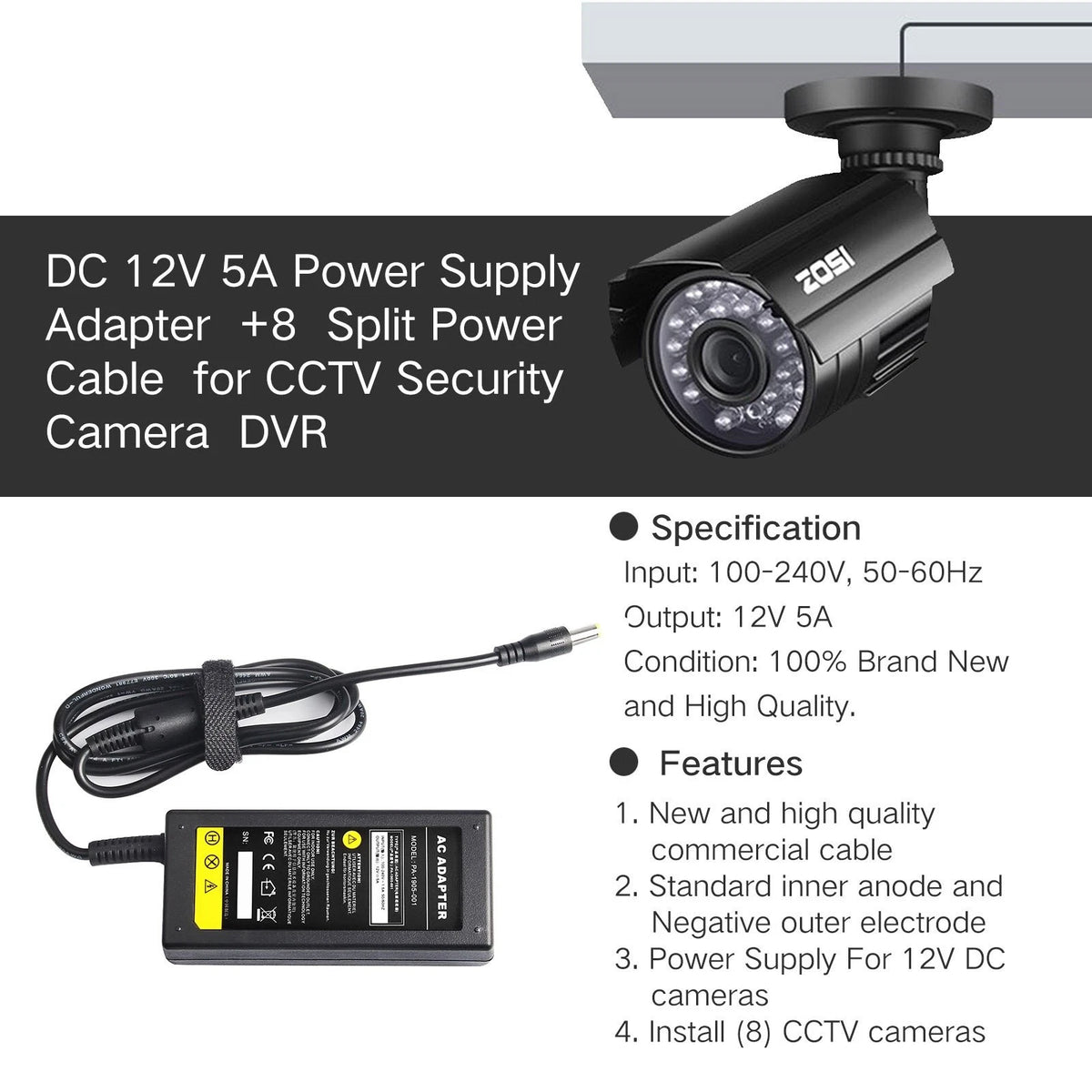 Fancy Buying Security Camera Power Adapter 12V 5A 100V-240V AC to DC Black