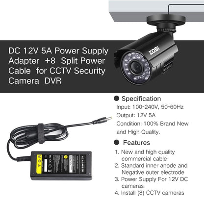 Fancy Buying Security Camera Power Adapter 12V 5A 100V-240V AC to DC Black