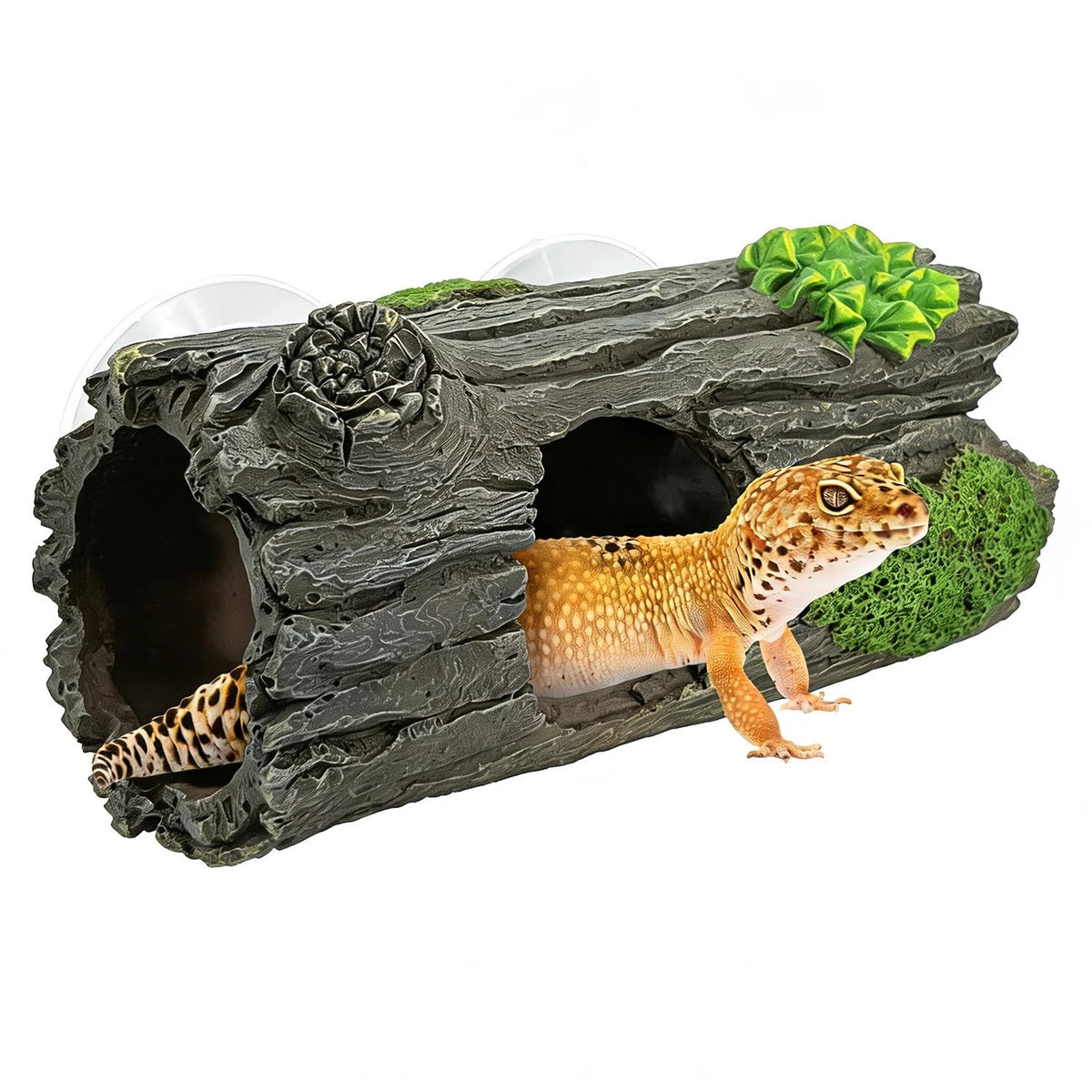 Reptile Hide, Resin Hollow Log Cave with Two Strong Suction Cups,Gecko brown