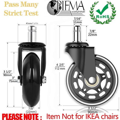 HOSALI 3 Inch Office Chair Wheels - Rubber 3 11mm Stem, Black