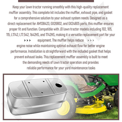AM138423 Lawn Tractors Muffler W/Exhaust Pipe & Gasket, Replaces AM138423...