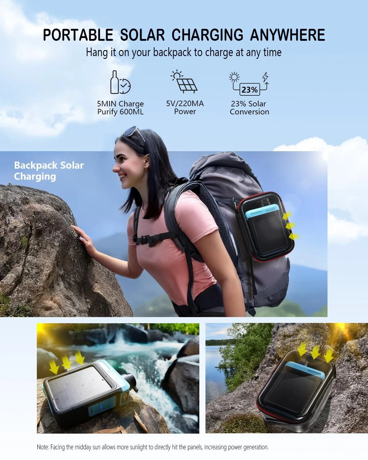 BKLES 3-in-1 Solar Electric Water Filter with Hand Pump - Camping Blue