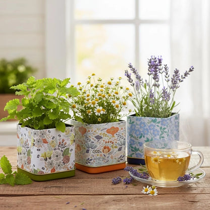 Buzzy Seeds Herbal Tea Garden Grow Kit 3-Pack - Metal Windowsill Floral