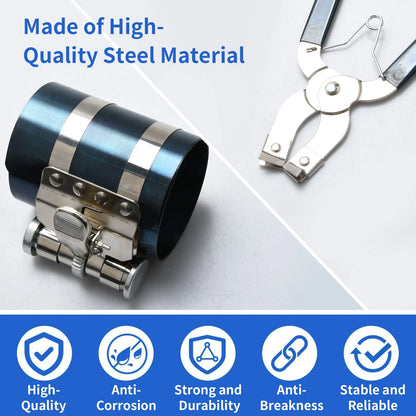 Non-slip Piston Ring Compressor Tool Set with Pliers & Wrench for Engine Rebuild