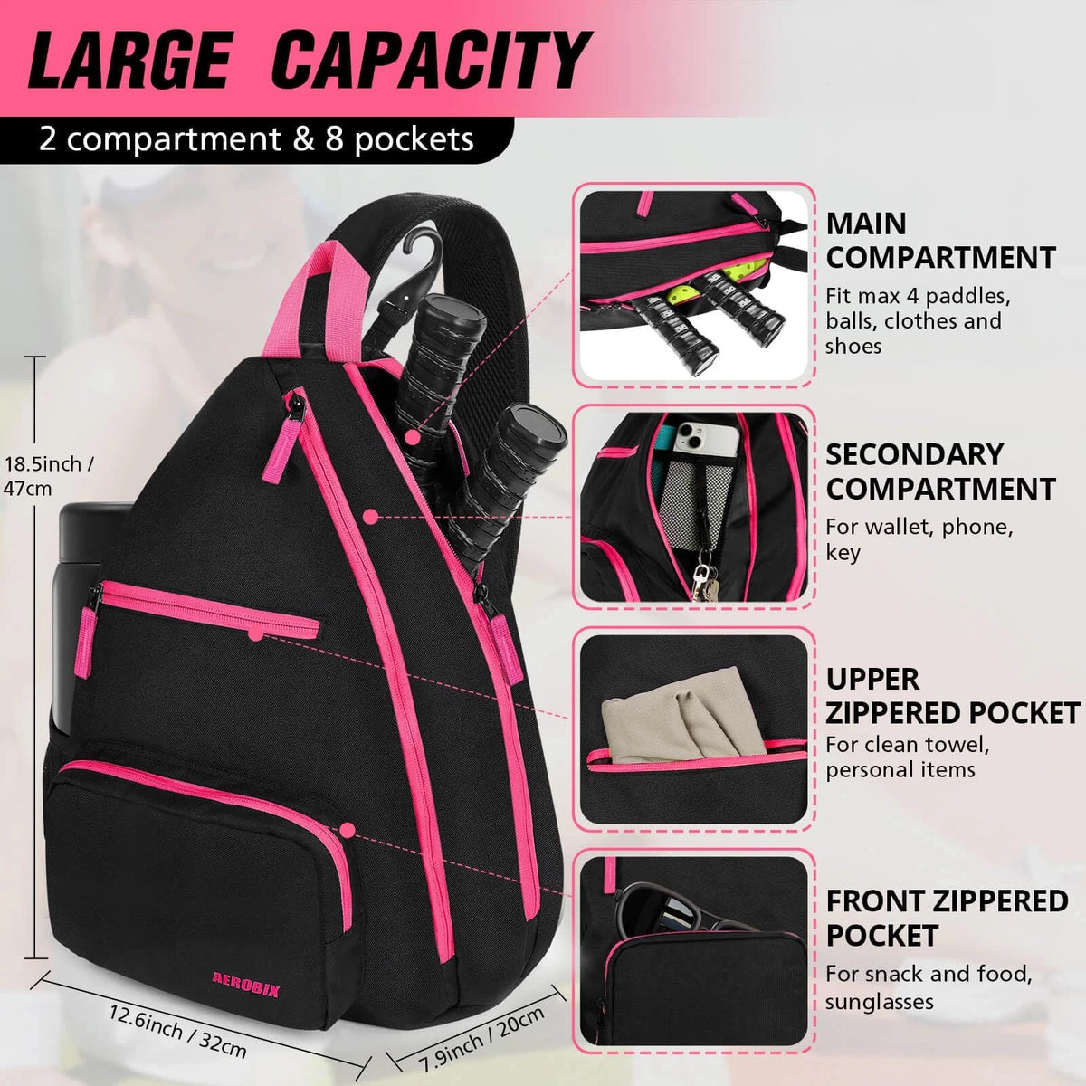 AEROBIX Pink Pickleball Bag for Women & Men, Pickle Carry-On 20-Inch, PINK