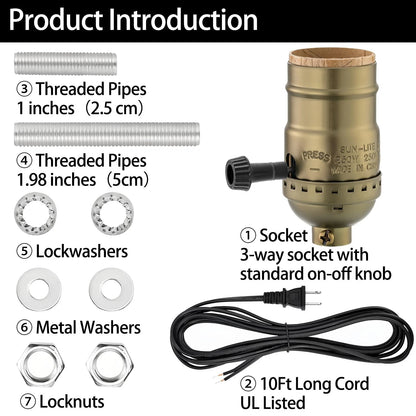 Lamp Rewire Kit, 10 Foot Matching Cord, 2 Way Socket and Antique Brass