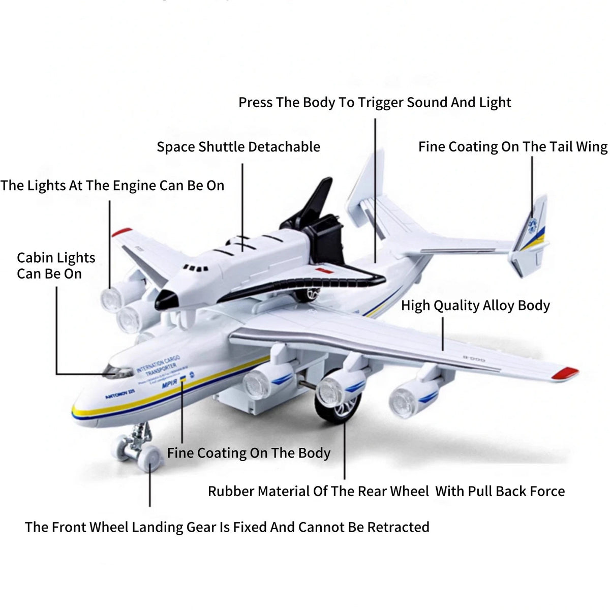 1/400 An-225 Mriya Plane w/Buran Orbiter Model Sound Light Pull Back O