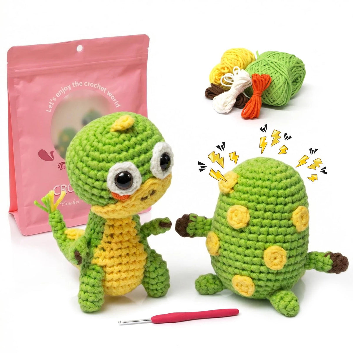 Eelexa Crochet Kit for Beginners - 2 Pack Set with Dinosaur Small, Green