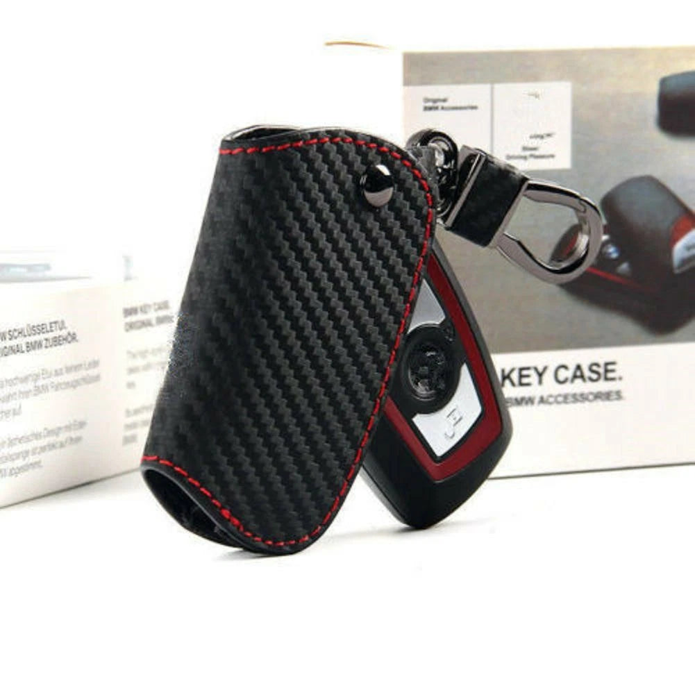 Car Black  Leather Key Case Carbon Fiber Bag For BMW 1 2 3 4 5 6 Series E