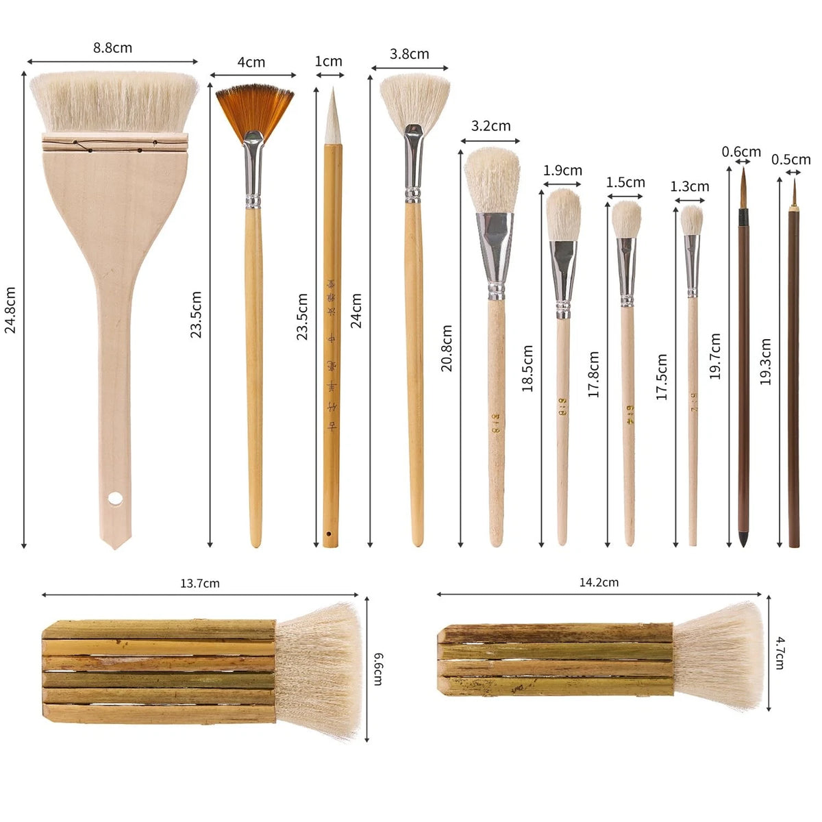 12 PCS Pottery Glaze Brushes Set with Goat Hair & Hake Beige