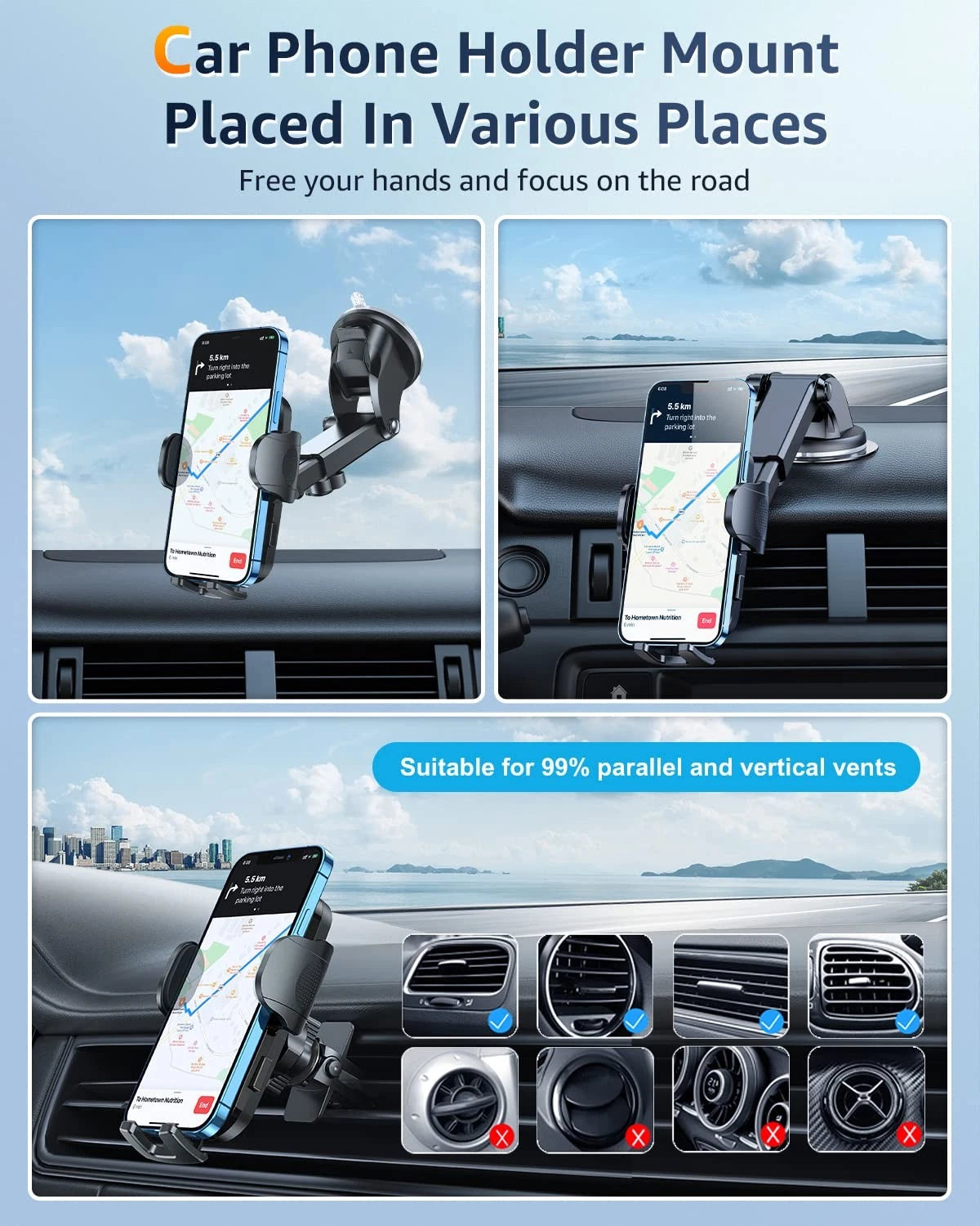 Phone Mount for Car [Military-Grade Super Suction] Universal Hands-Free Black