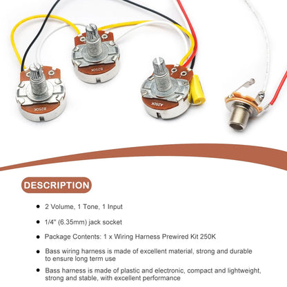 SAPHUE Bass Wiring Harness Prewired Kit 250K Big Pots 2 Volume 1 Tone For...