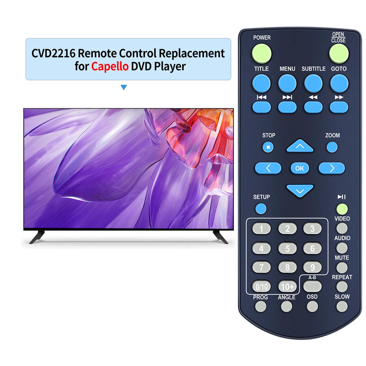 Replacement Remote Control For Capello DVD Player CVD2216 CVD2216BLK