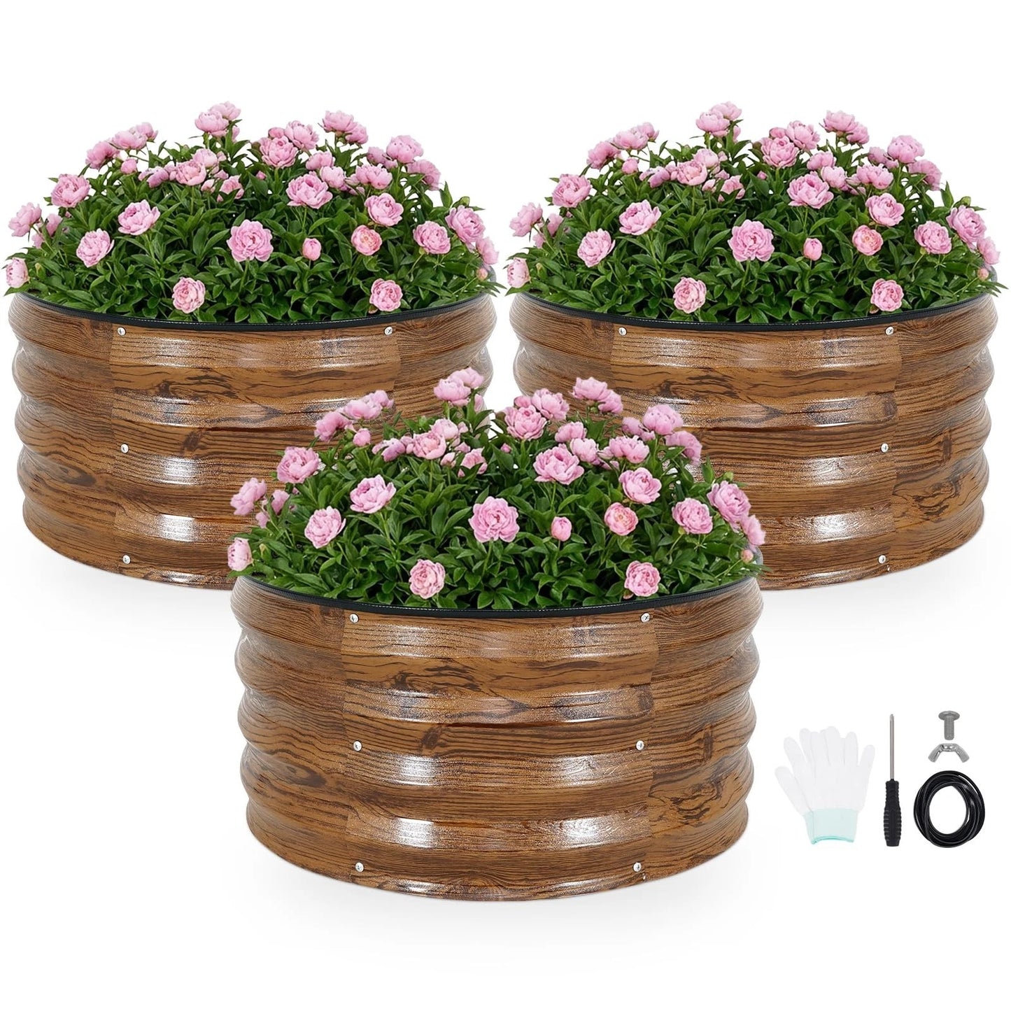 INNO STAGE 3 Pcs Round Galvanized Raised Garden Bed — 2x2x1ft(3 Pcs), Grain