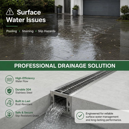 304 Stainless Steel Channel Drain Kit, 39.4x6.1x5.9in, Silver