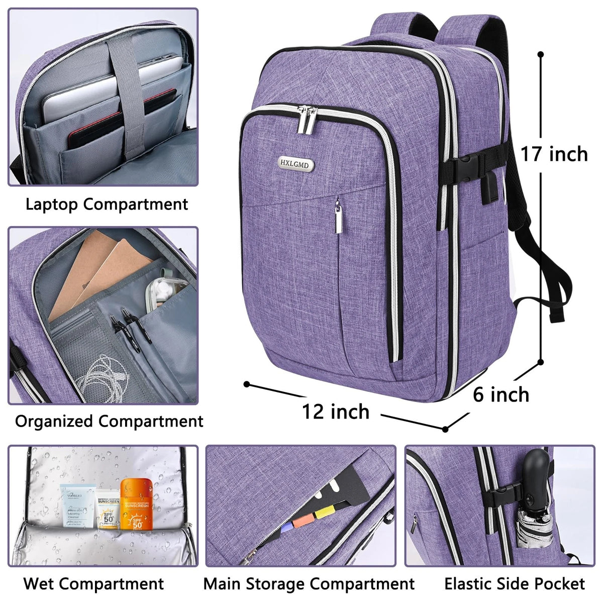 Personal Item Travel Carry On Luggage Backpack for Non-expandable, Purple
