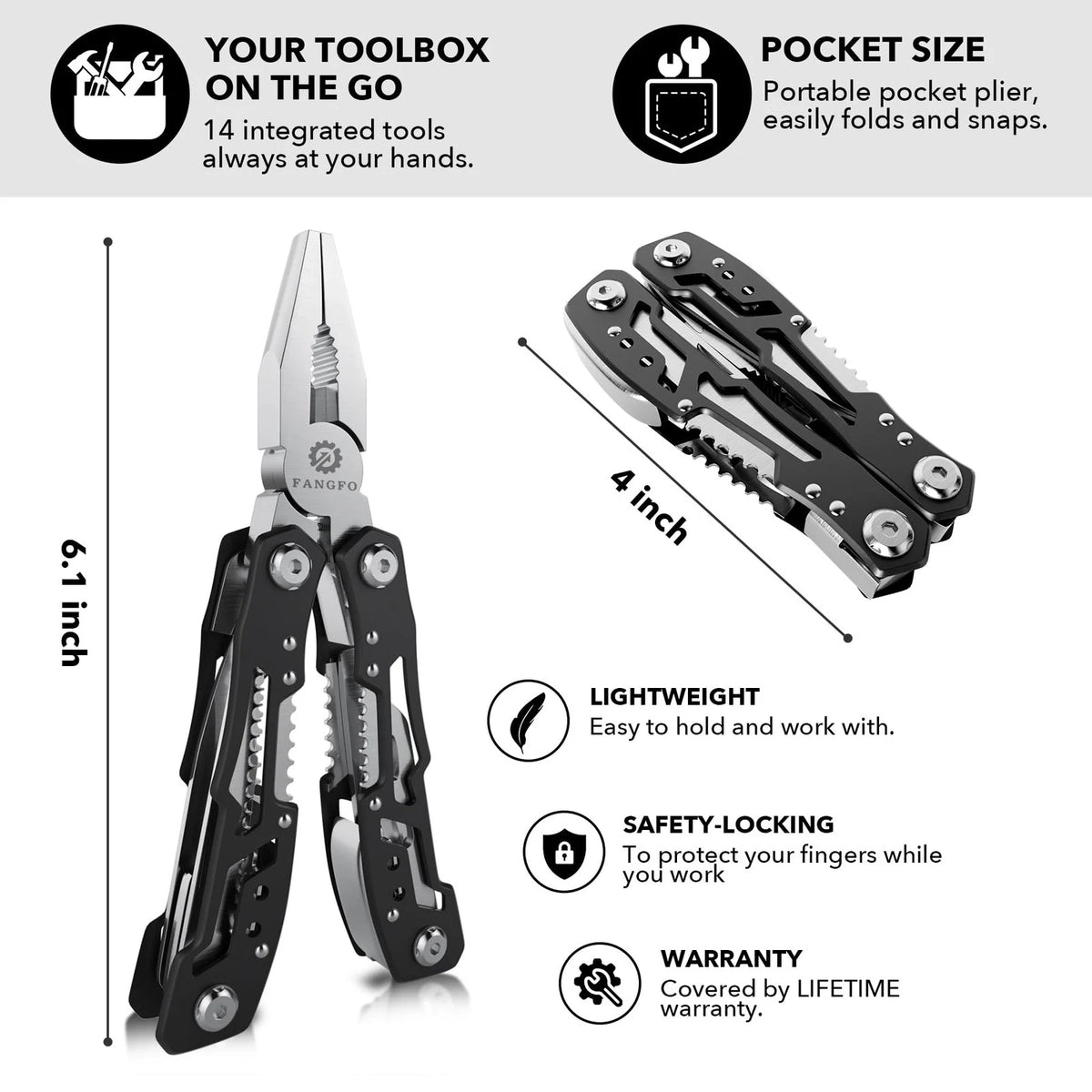 14-In-1 Multitool with Safety Locking, 3.9 x 1.6 x 0.6 inches, Black