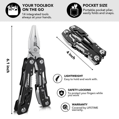 14-In-1 Multitool with Safety Locking, 3.9 x 1.6 x 0.6 inches, Black