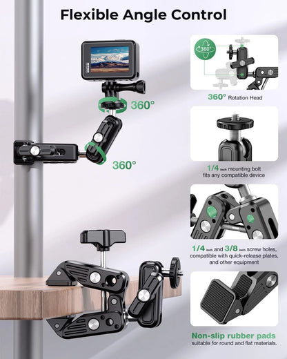 Super Clamp Camera Mount, 360° Dual Ballhead Magic Arm, 1/4"-20 & Black