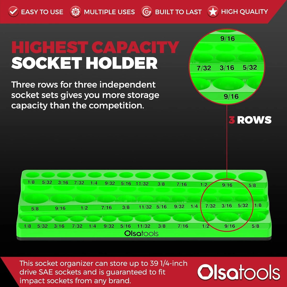 Olsa Tools Magnetic Socket Organizer - 1/4-Inch Drive, SAE, Green