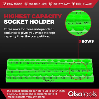Olsa Tools Magnetic Socket Organizer - 1/4-Inch Drive, SAE, Green