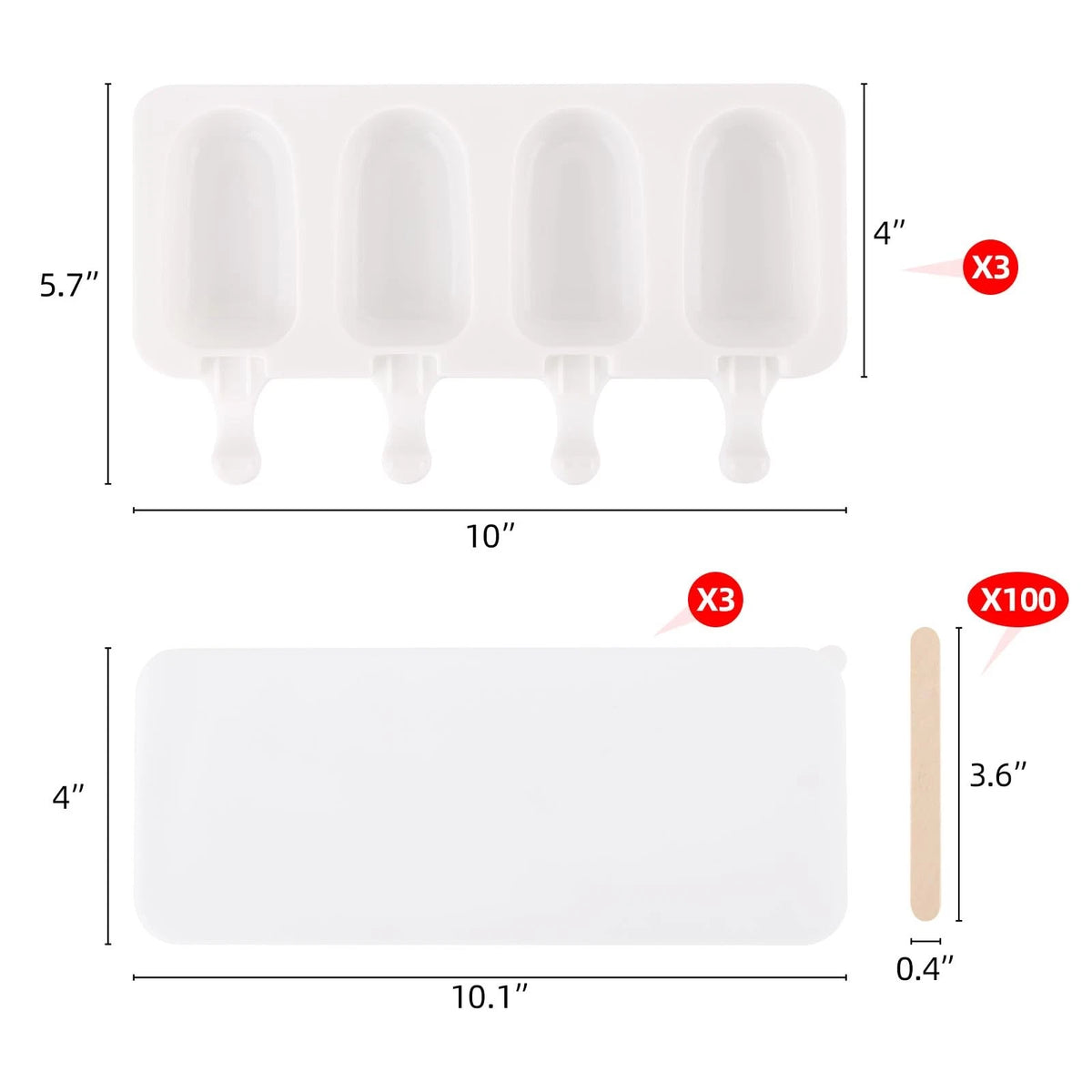 3 Set Popsicles Molds with Lids and 100 Pcs Wooden Standard Size, White
