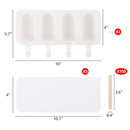 3 Set Popsicles Molds with Lids and 100 Pcs Wooden Standard Size, White