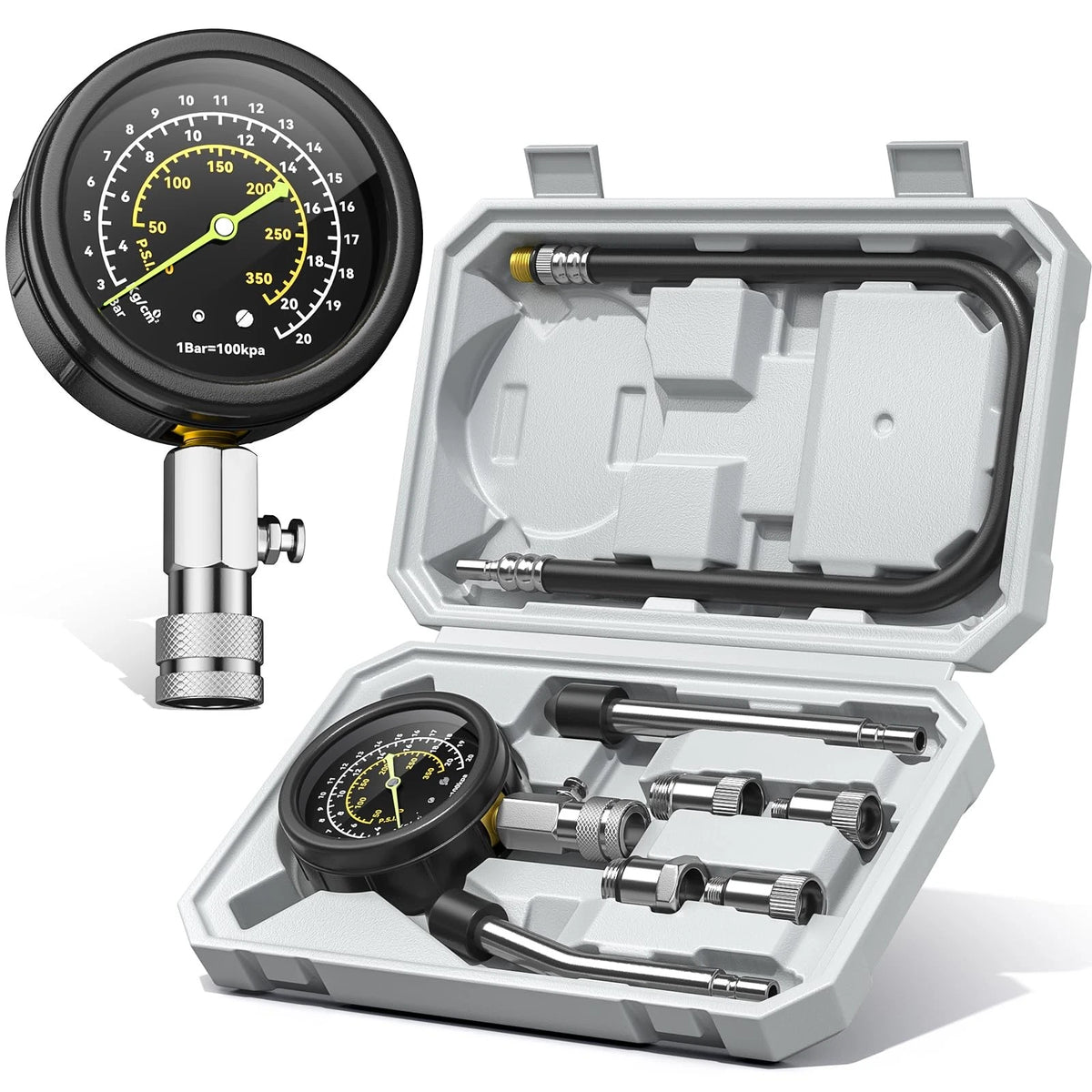 AUTOWN Professional Compression Tester Kit, 300 PSI 8-Piece, Grey