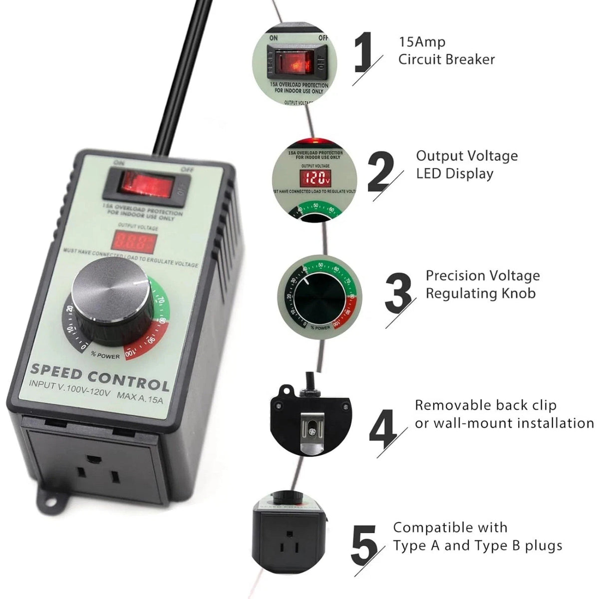 Professional AC Motor Speed Controller 120V for Inductive and Resistive Loads