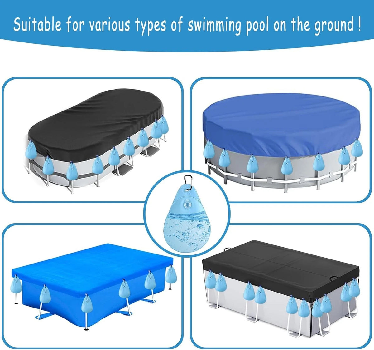 16 Pack Pool Cover Weights with Hooks, PVC Tarp Hanging Bags for Light Blue