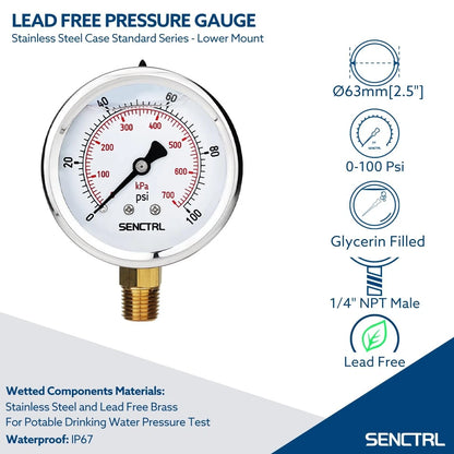 SENCTRL 100 Psi Lead-Free Glycerin Liquid Filled Low Pressure Gauge, 0-100Psi