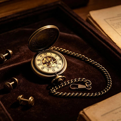 Classic Mechanical Black Steampunk Skeleton Pocket Watch with Chain For Men