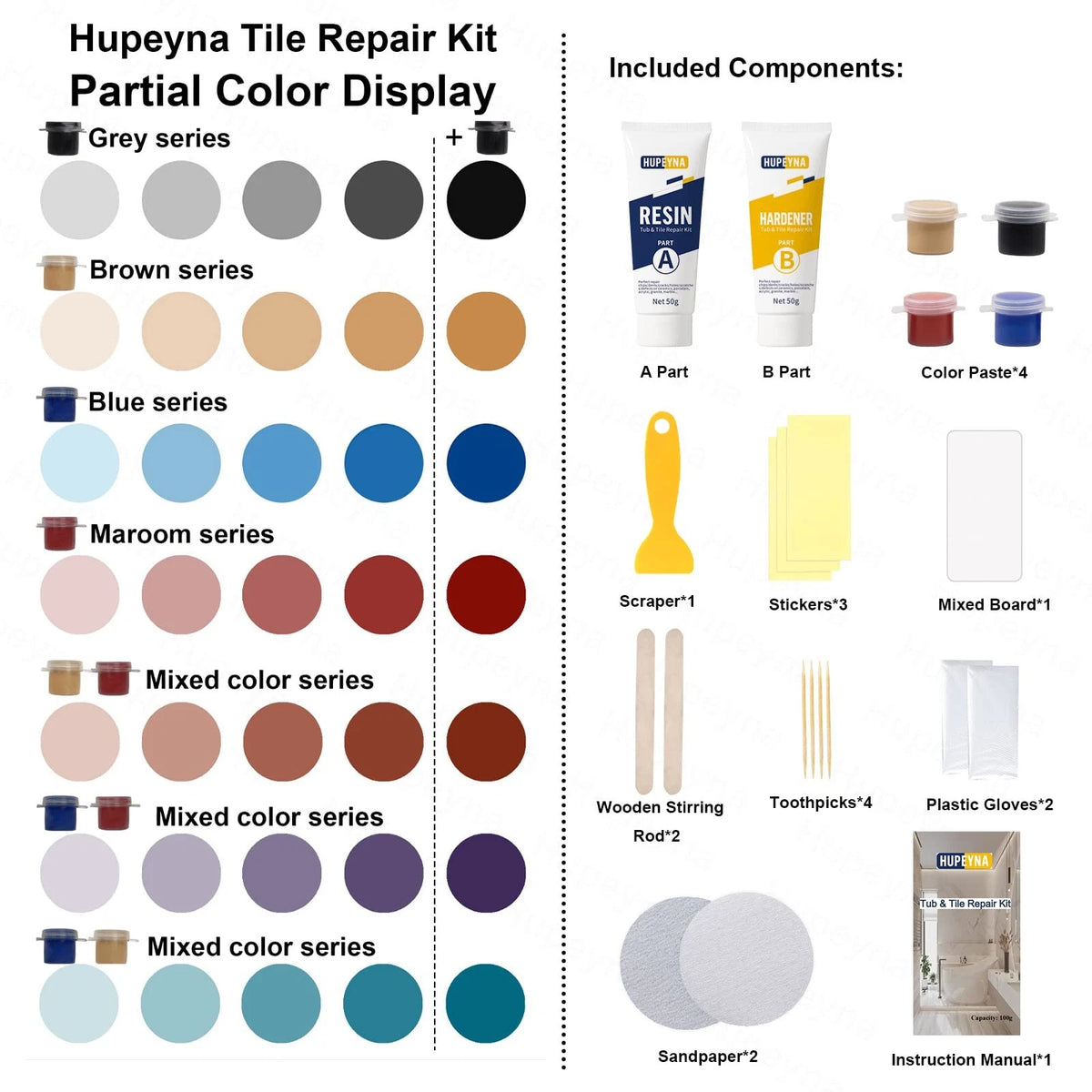 Tub, Tile and Shower Repair Kit (Color Match), Hupeyna SD633, More Color