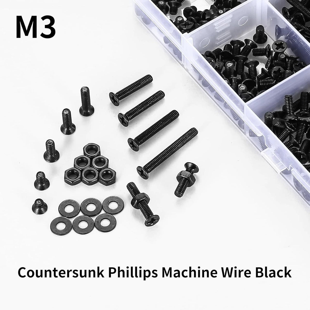 1110 Pcs M3 Screws and Nuts Set, Countersunk Bolts M3-1110, Black