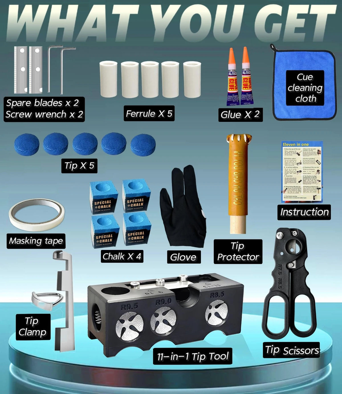 11-in-1 Pool Cue Tip Repair kit, Professional All-in-One pool stick 11 IN 1