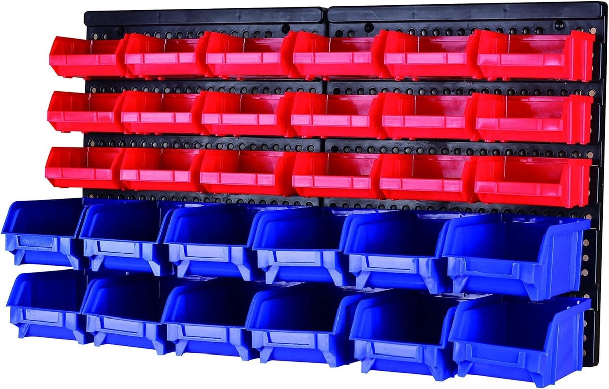 MaxWorks 80694 30-Bin Wall Mount Parts 30 Bin / Pack of 1, Blue and Red