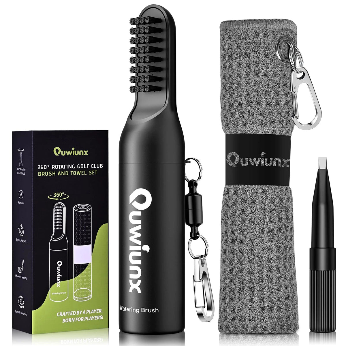 Quwiunx 3-in-1 Golf Club Brush Cleaner Kit with Rotating Protective Black