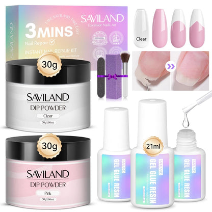 SAVILAND 60g Nail Repair Kit for Split Damaged Nails: 3 Mins 8PCS, Clear+Pink