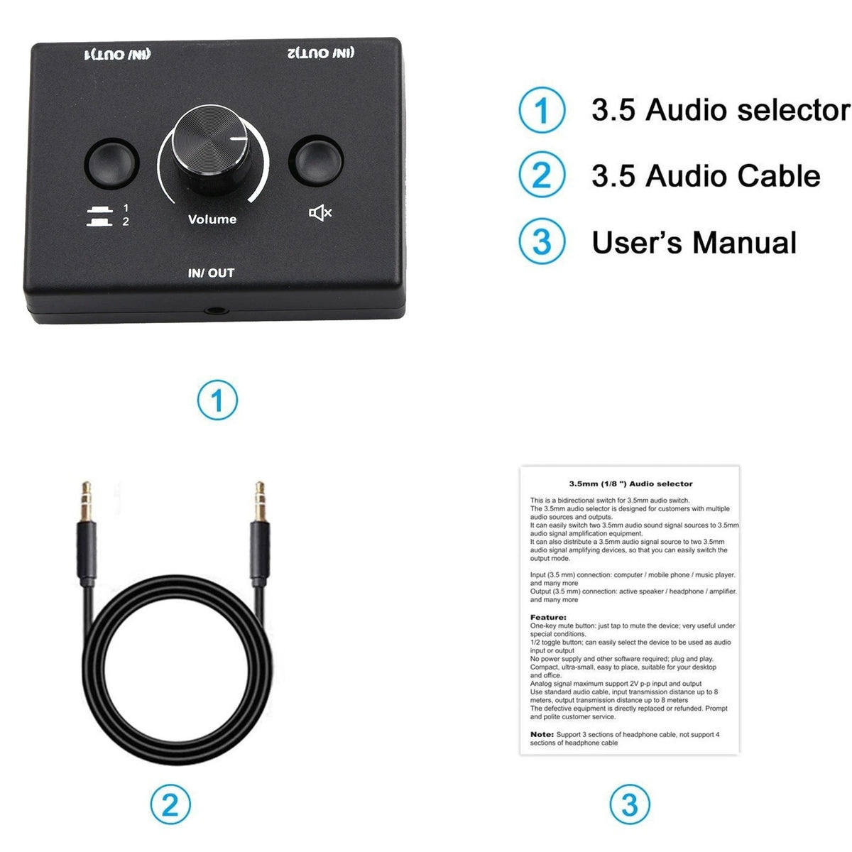 2 In 1 Out 3.5mm Stereo Audio Switch Aux Switcher Speaker Selector Splitter