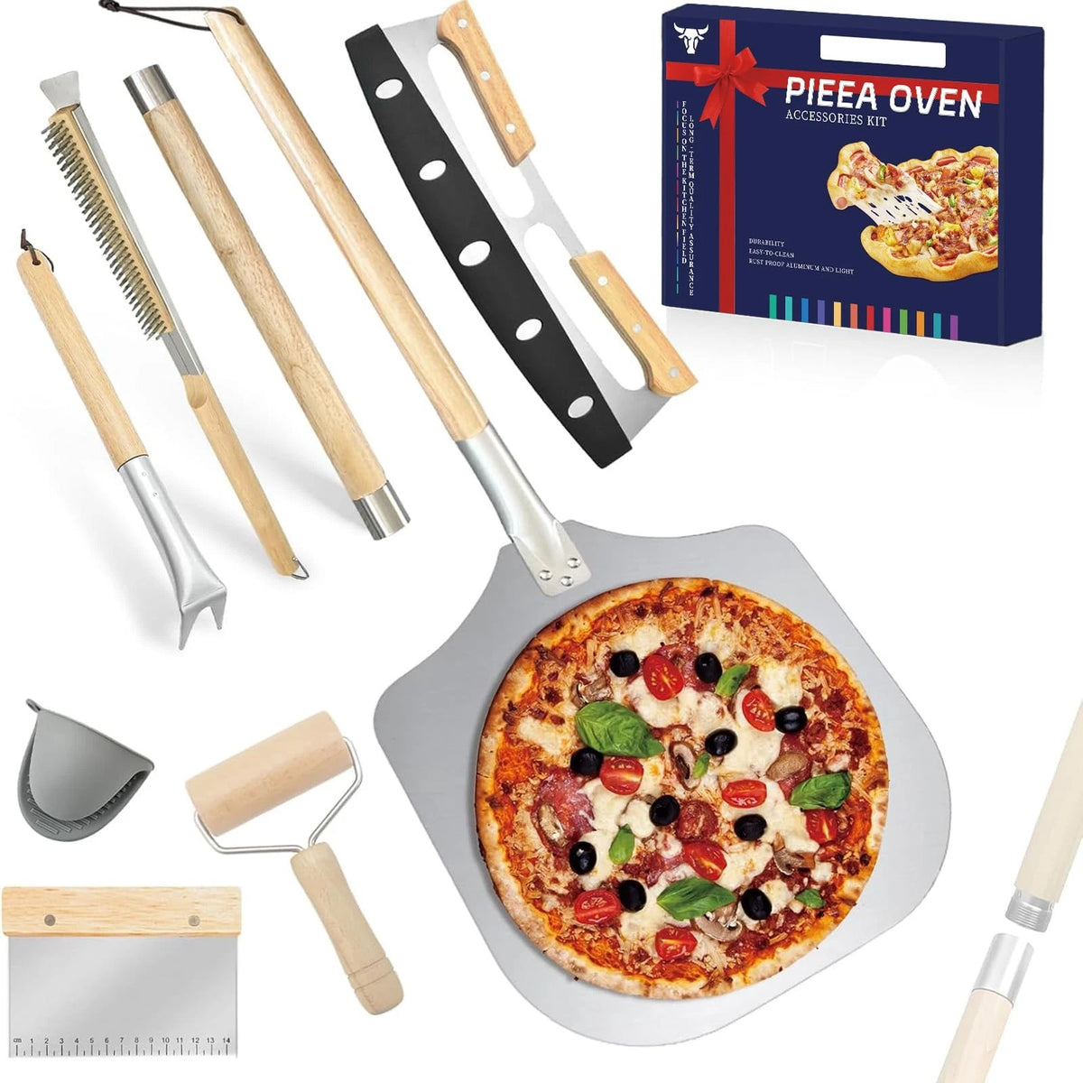 7PCS Pizza Oven Accessories Kit | Peel, Brush, 12, Stainless Steel