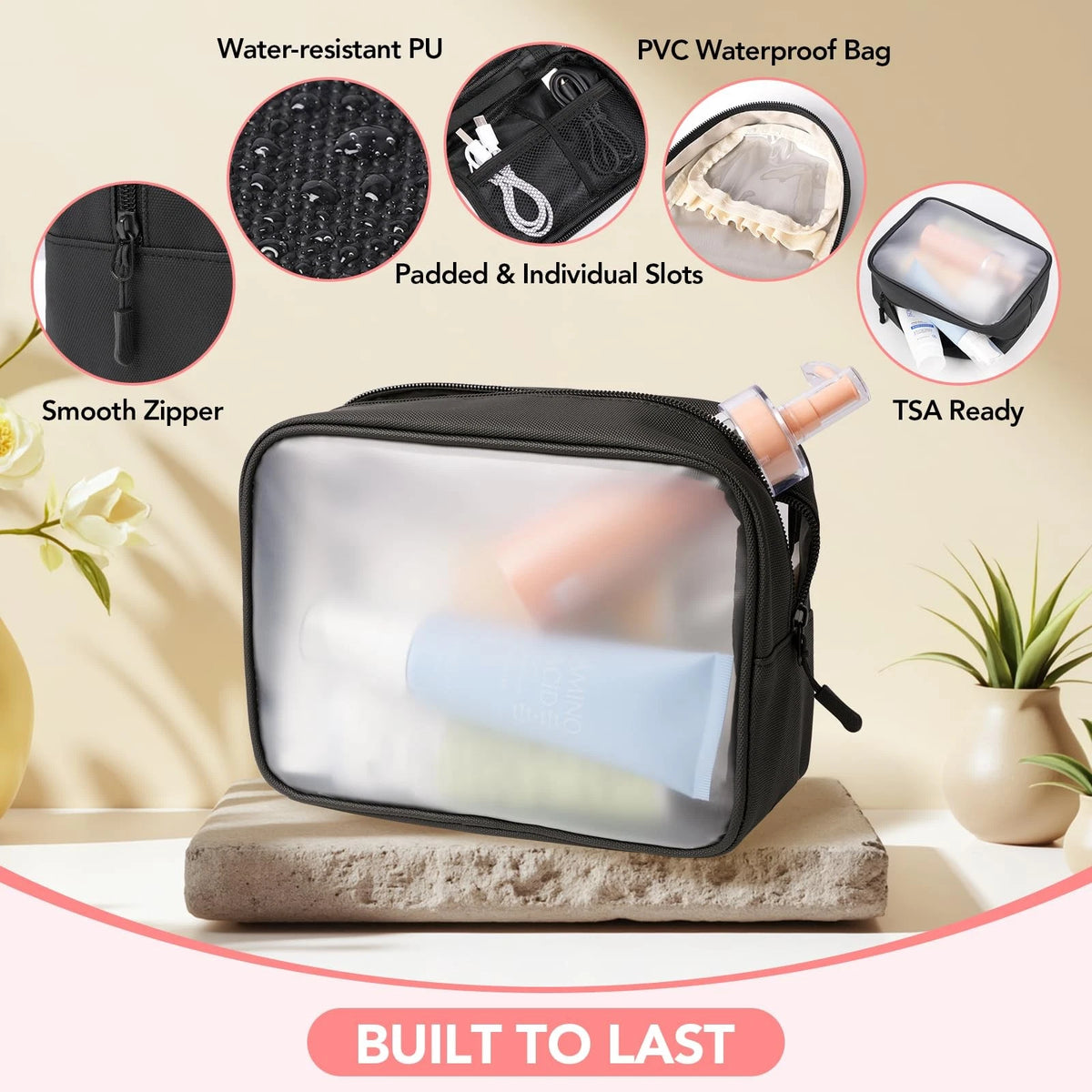 Idcymoul Travel Toiletry Bag Set for Women, Compact Size 5-Piece Black